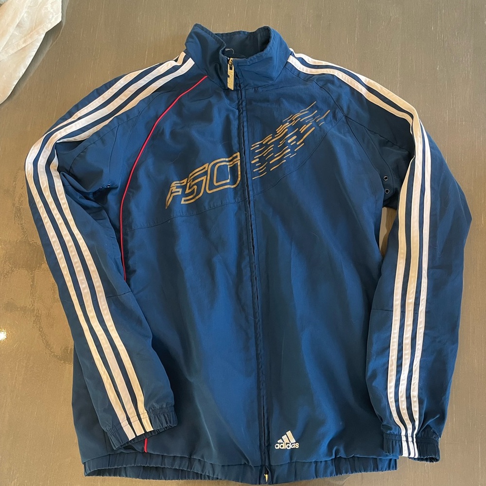 Vintage Adidas Navy Windbreaker with White Stripes